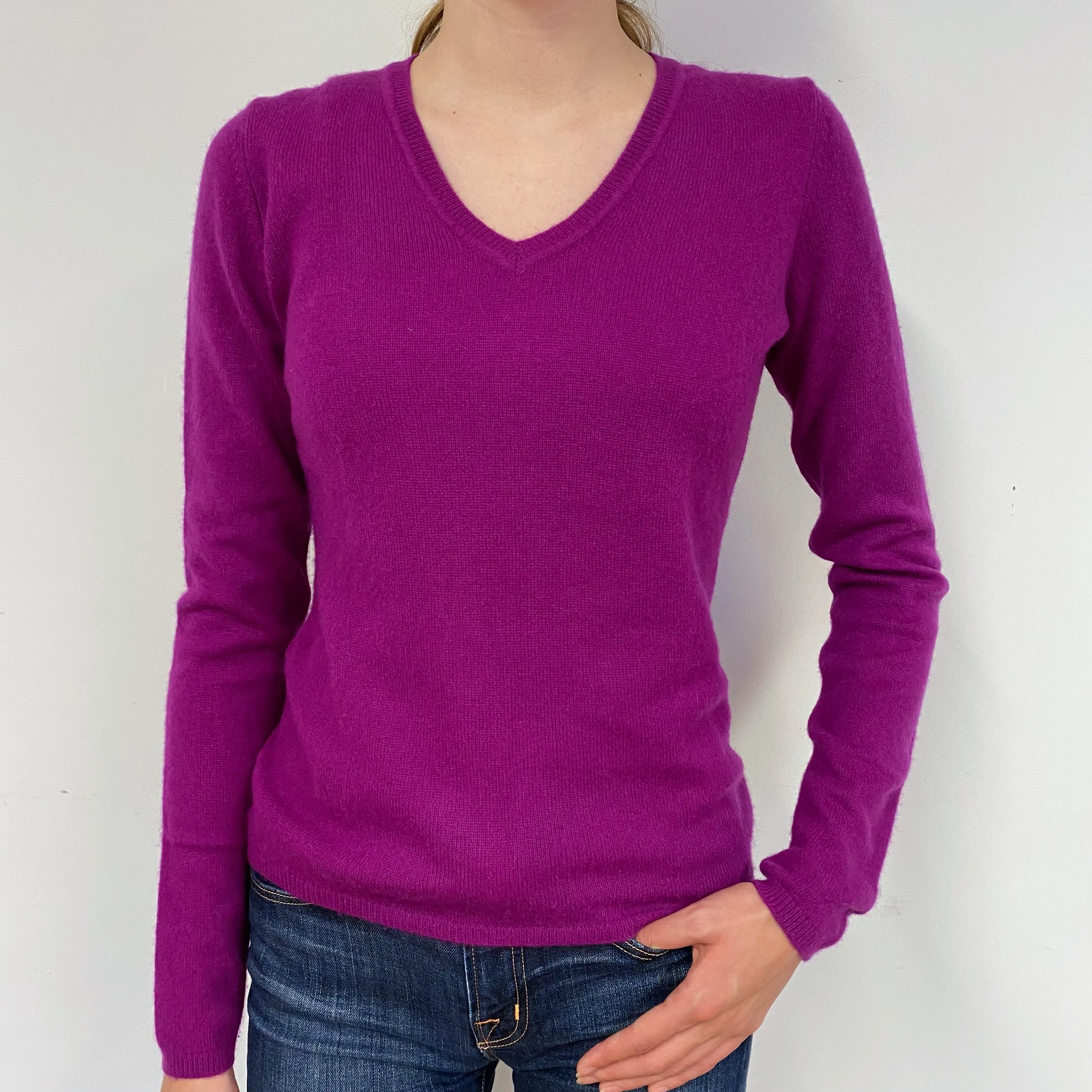 Deep Magenta Pink Cashmere V-Neck Jumper Extra Small