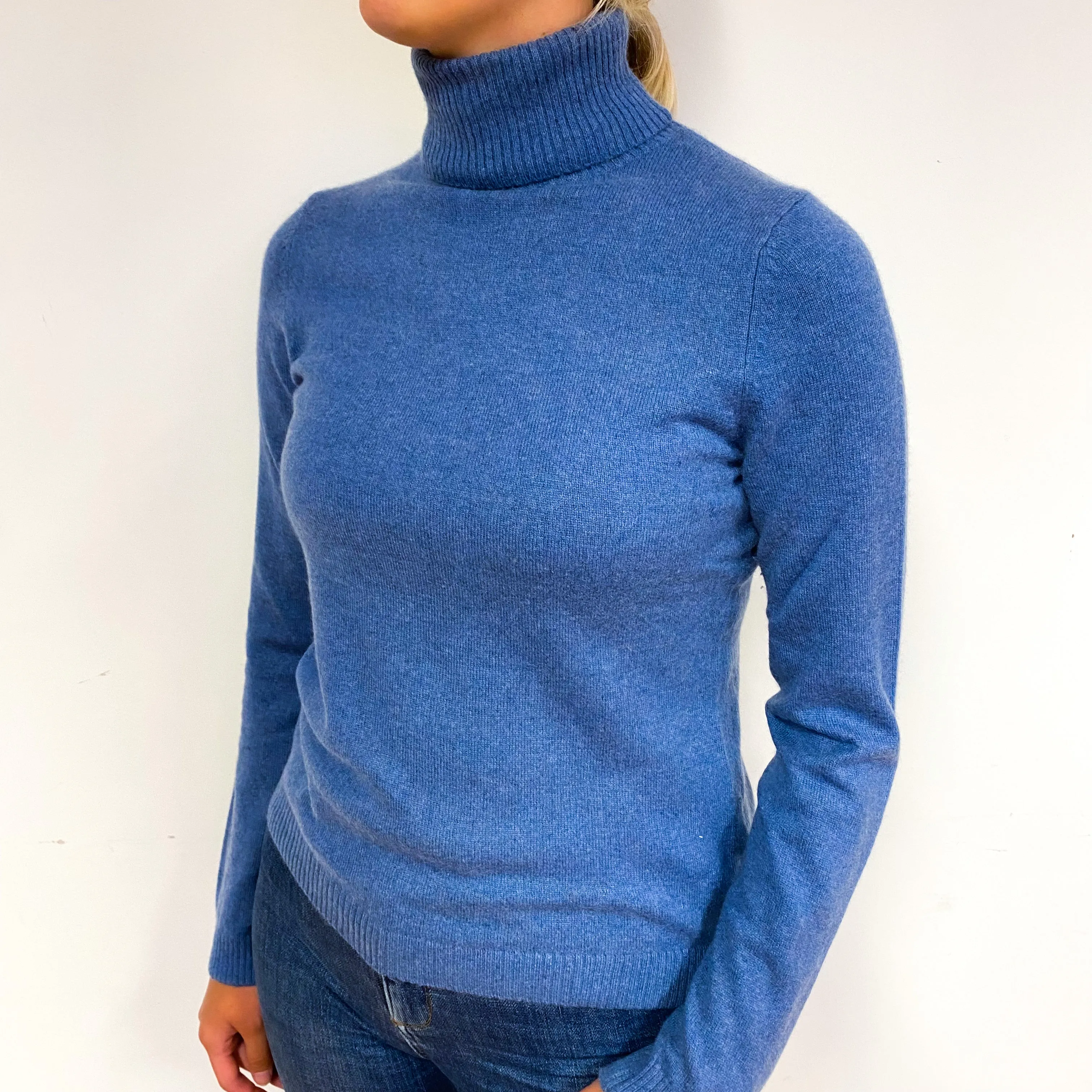 Denim Blue Cashmere Polo Neck Jumper Small