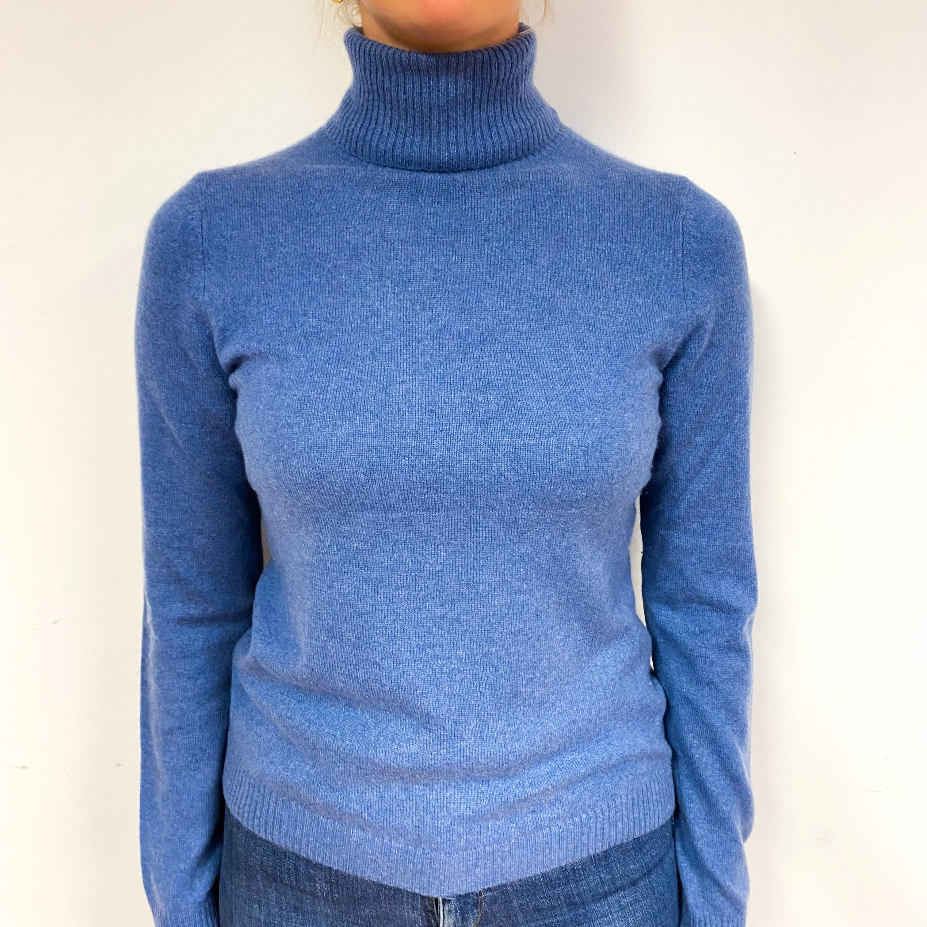 Denim Blue Cashmere Polo Neck Jumper Small