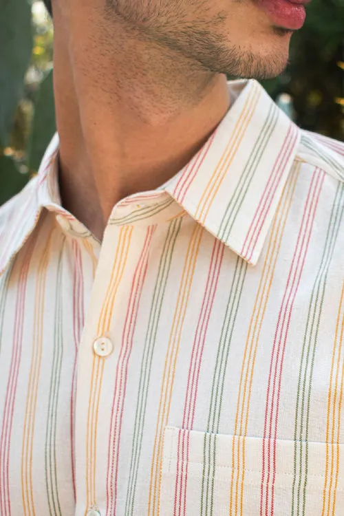 Dhaari Multi Color Pin Stripe Handwoven Half Sleeve White Pure Cotton Shirt