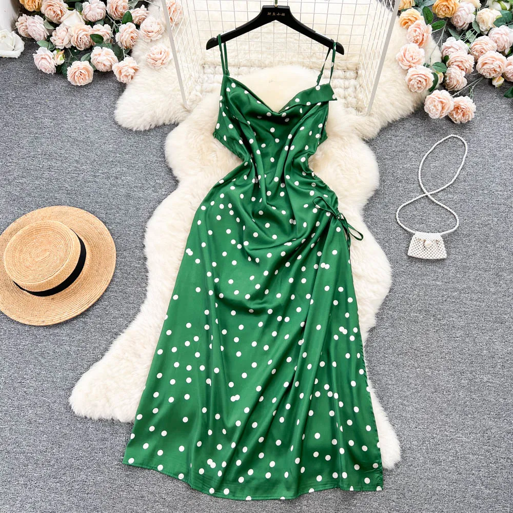 Drawstring Polka Dot Slip Dress