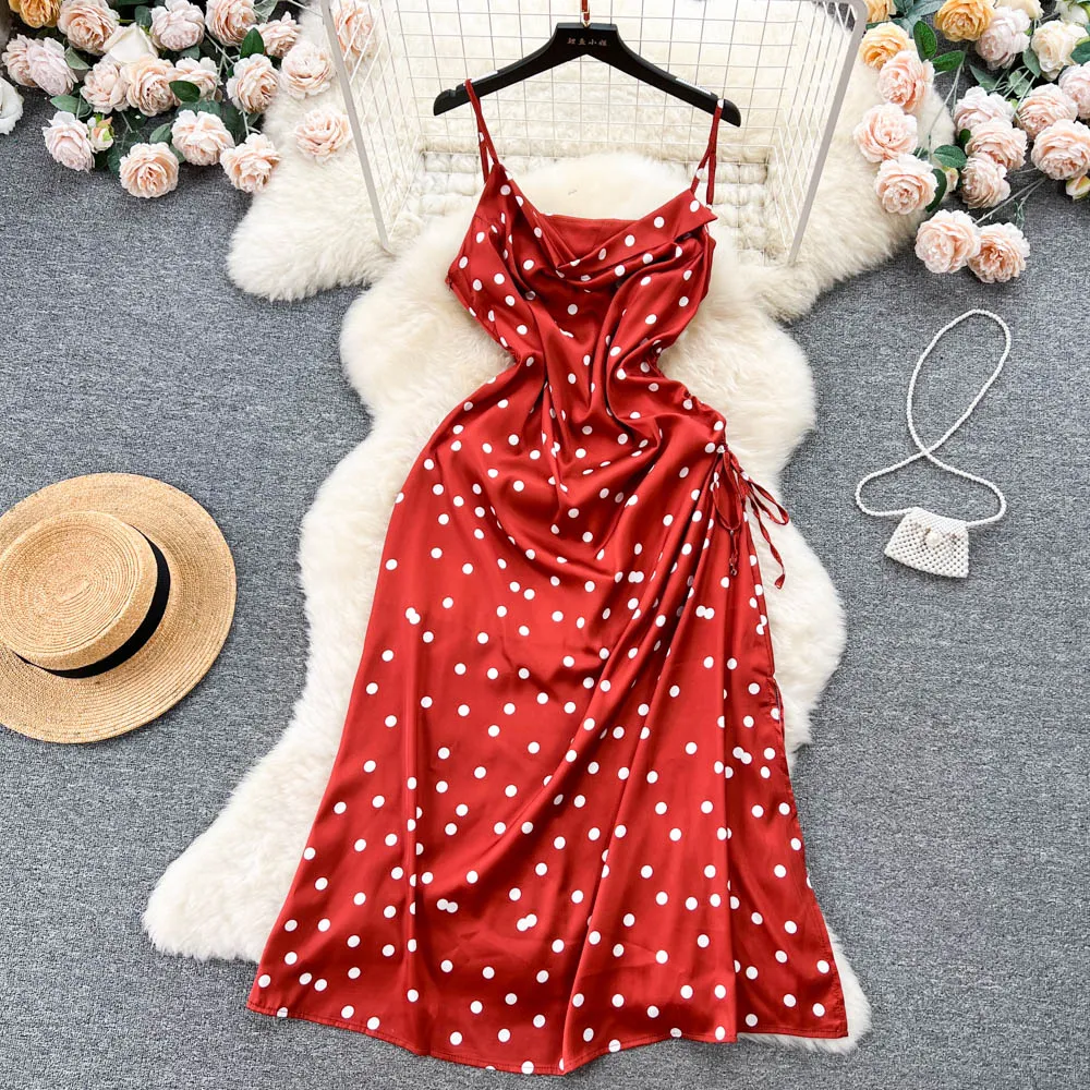 Drawstring Polka Dot Slip Dress