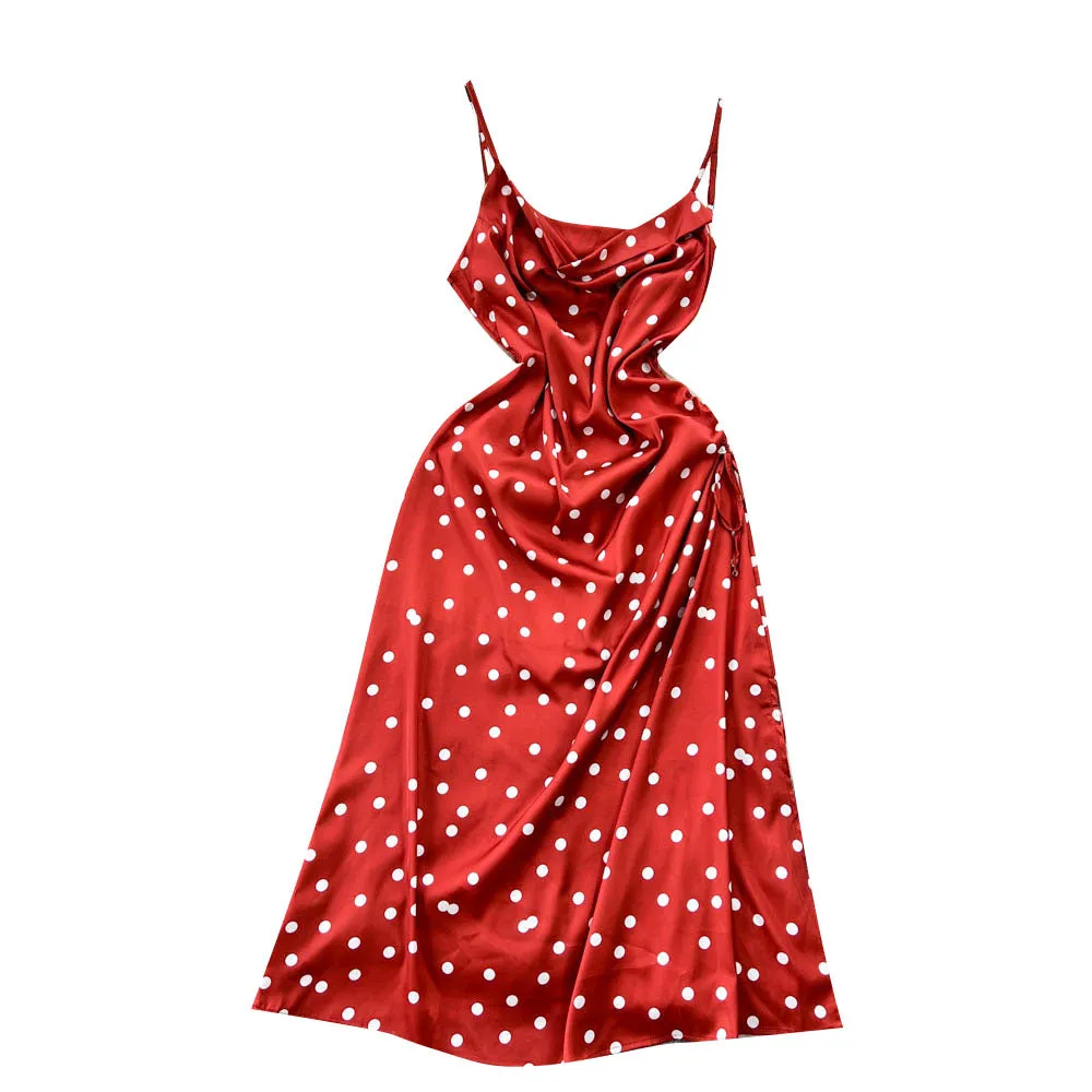 Drawstring Polka Dot Slip Dress