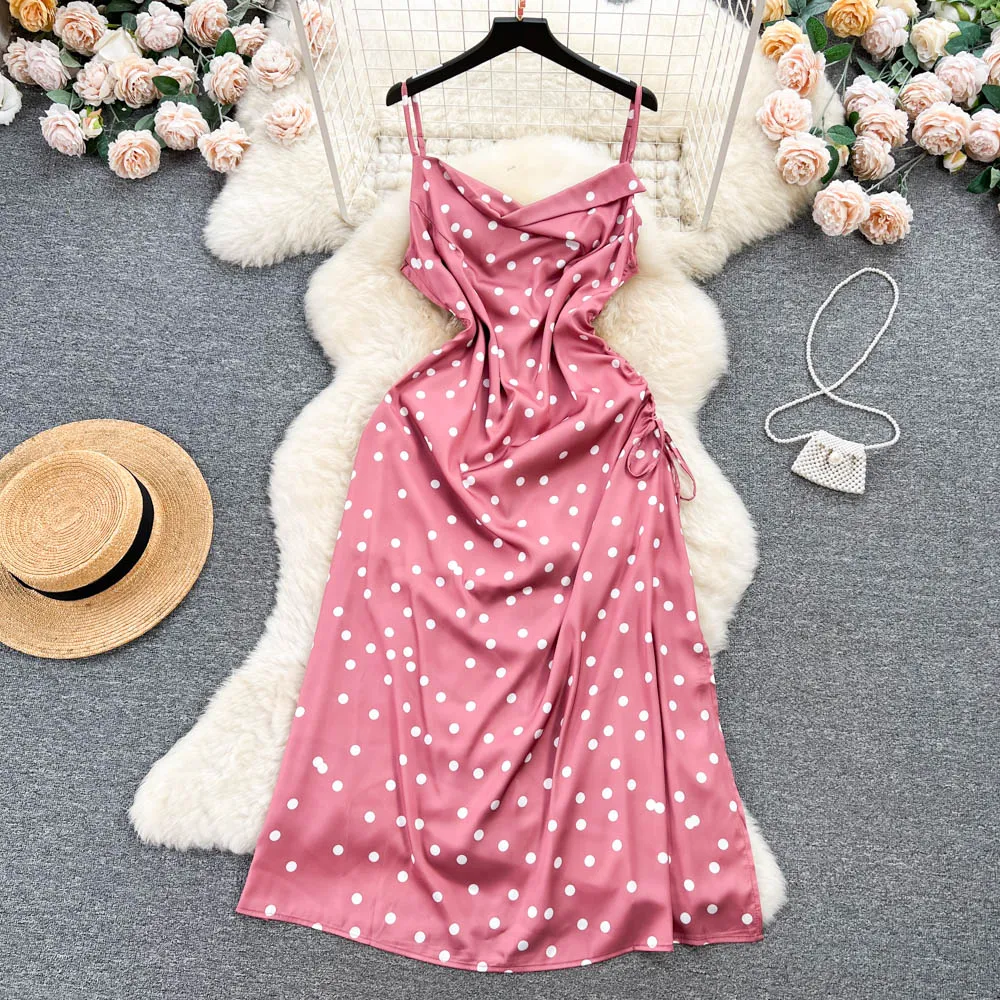 Drawstring Polka Dot Slip Dress