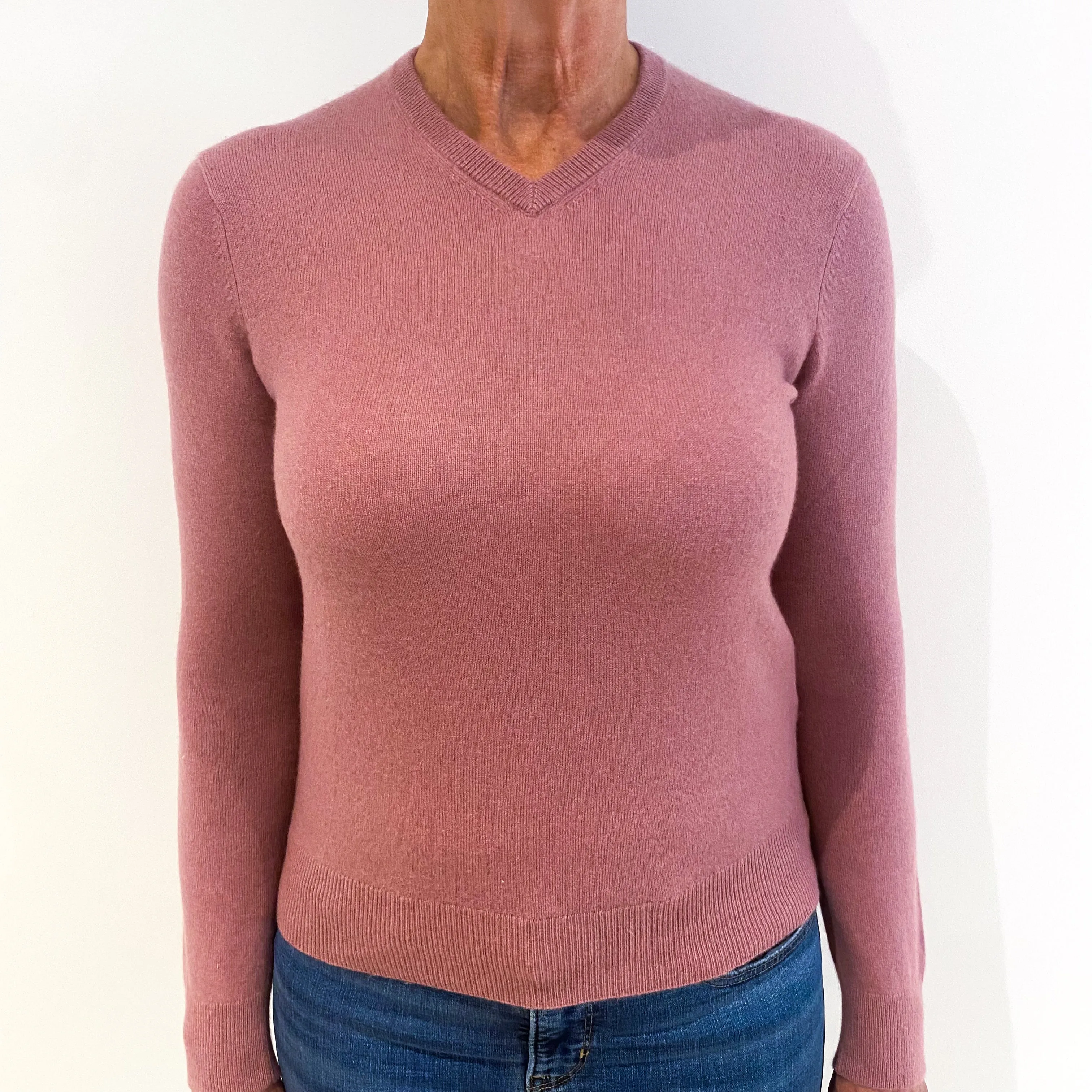 Dusky Heather Pink Cashmere V-Neck Jumper Medium