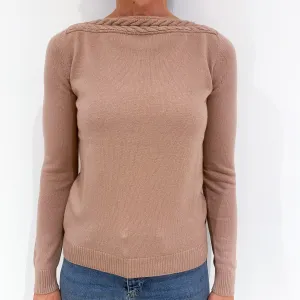 Dusky Pink Cable Trim Cashmere Boat Neck Jumper Small