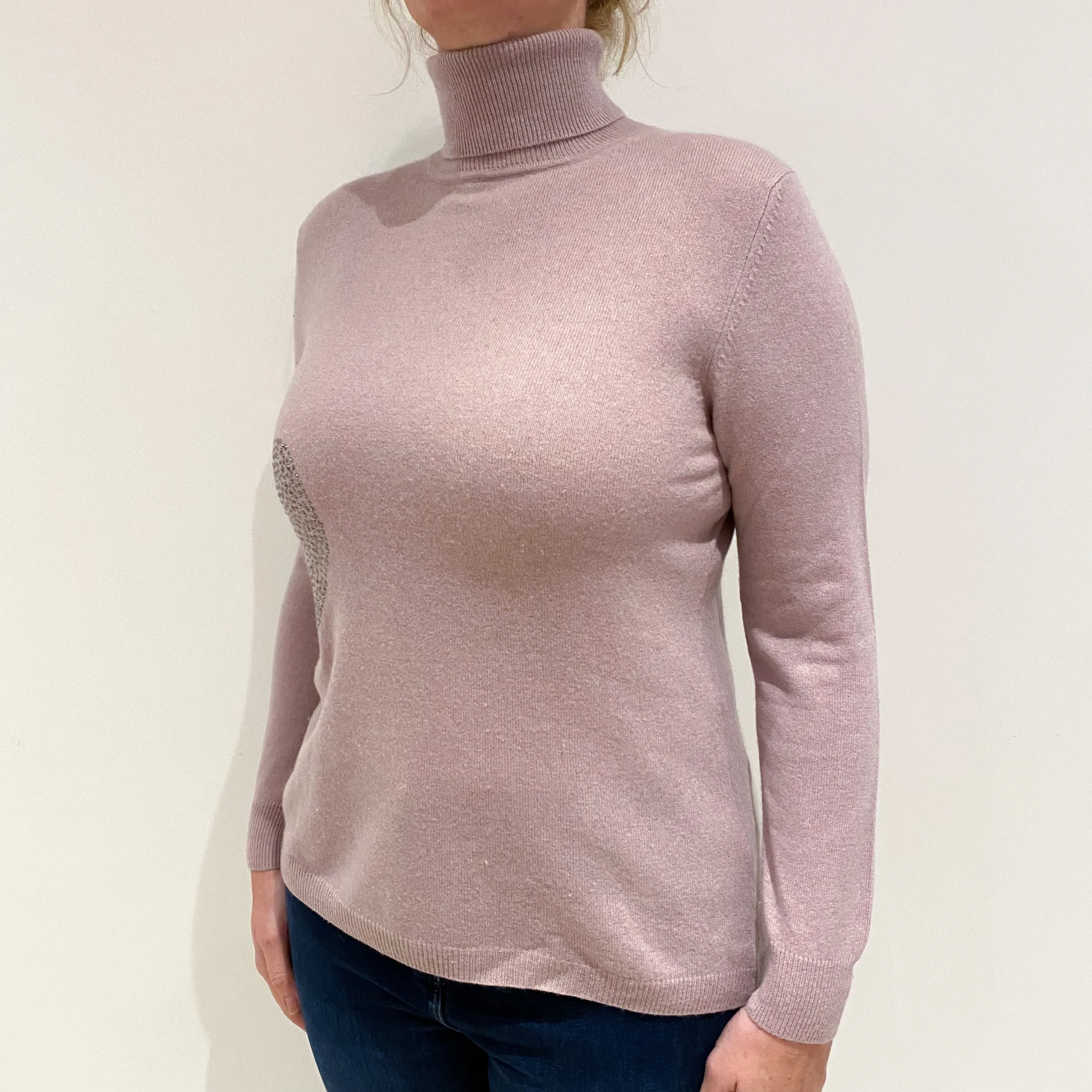 Dusky Purple Embellished Cashmere Polo Neck Jumper Large