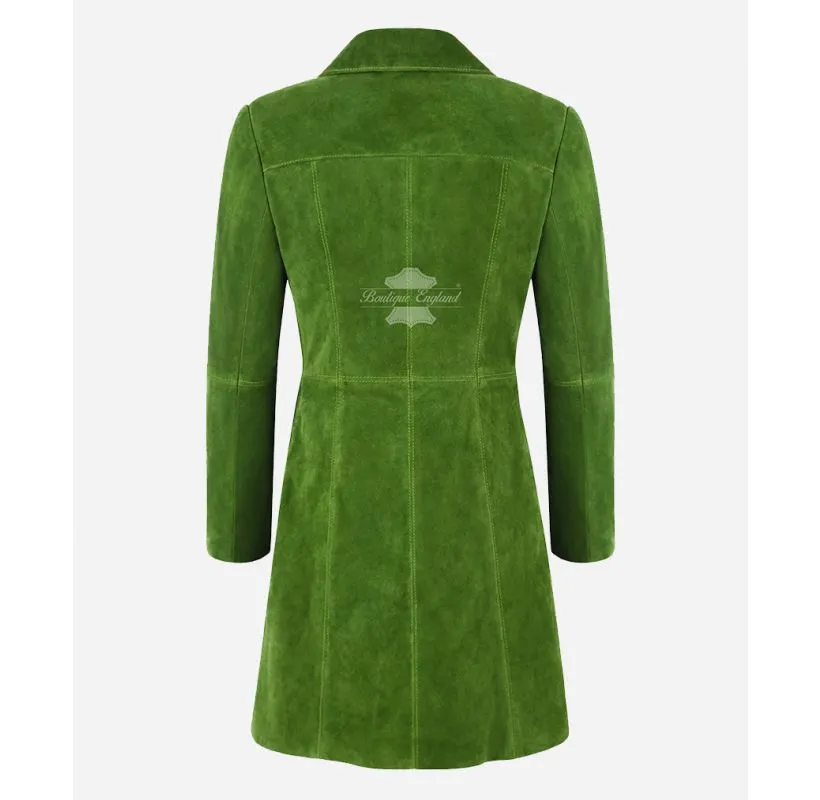 ELEGANT Women's Trench Coat Classic Suede Leather 3/4 Coat Lime Green