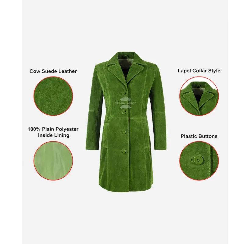 ELEGANT Women's Trench Coat Classic Suede Leather 3/4 Coat Lime Green