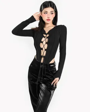 Ellen Patchwork Solid Color Black Lace Up Long Sleeve Slim Top