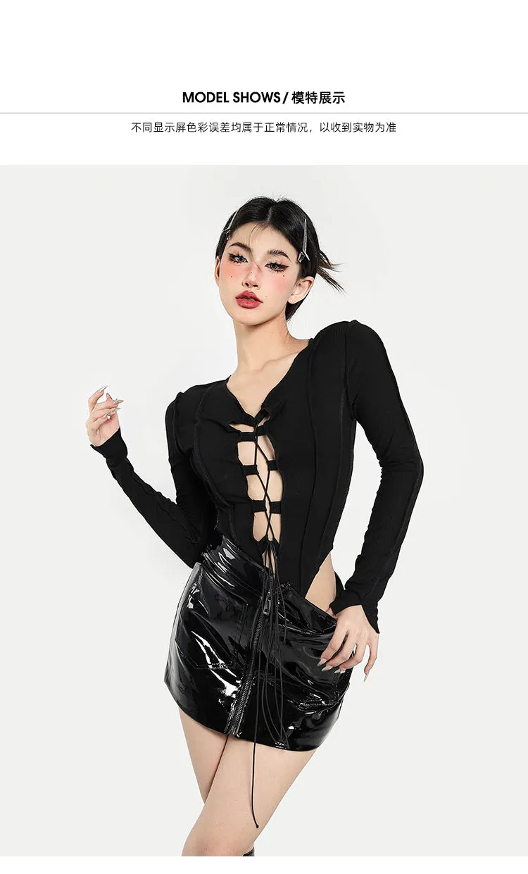 Ellen Patchwork Solid Color Black Lace Up Long Sleeve Slim Top