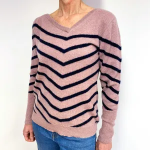 Faded Heather Pink And Navy Blue Cashmere V-Neck Jumper Medium