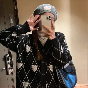 Fashionkova  Gothic Harajuku Aygyle Black Sweater Cardigan Women Punk Streetwear Heart Print Oversize Jumper Female Mall Goth Tops