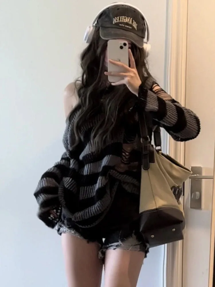 Fashionkova Gothic Streetwear Striped Knitted Sweater Women Harajuku Punk Hollow Out Jumper Hole Loose All-match Tops Grunge E-girl