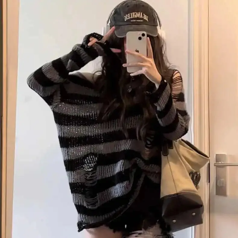 Fashionkova Gothic Streetwear Striped Knitted Sweater Women Harajuku Punk Hollow Out Jumper Hole Loose All-match Tops Grunge E-girl