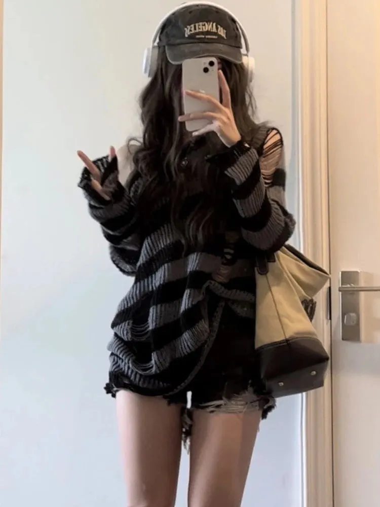 Fashionkova Gothic Streetwear Striped Knitted Sweater Women Harajuku Punk Hollow Out Jumper Hole Loose All-match Tops Grunge E-girl