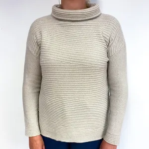 Fawn Beige Chunky Ribbed Cashmere Funnel Neck Jumper Large