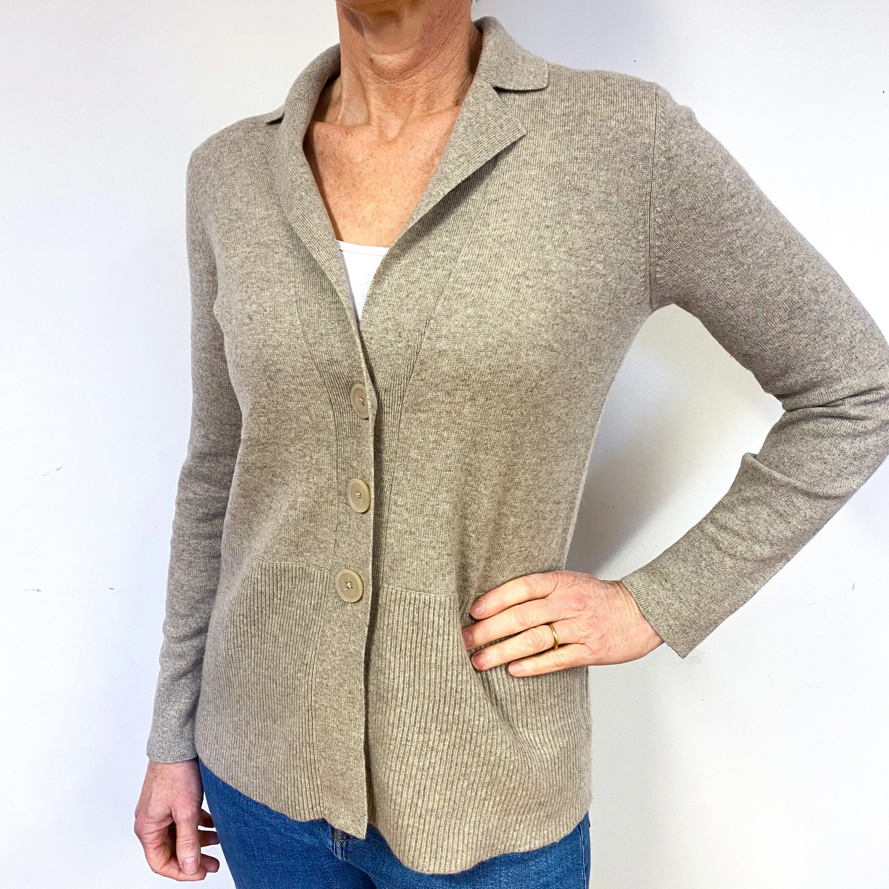 Fawn Brown Collared Cashmere V-Neck Cardigan Medium