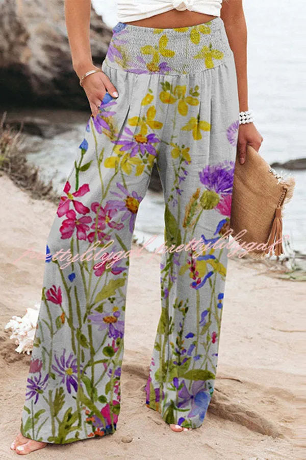 Finn Printed High Rise Smocked Waist Pocketed Wide Leg Pants