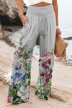 Finn Printed High Rise Smocked Waist Pocketed Wide Leg Pants