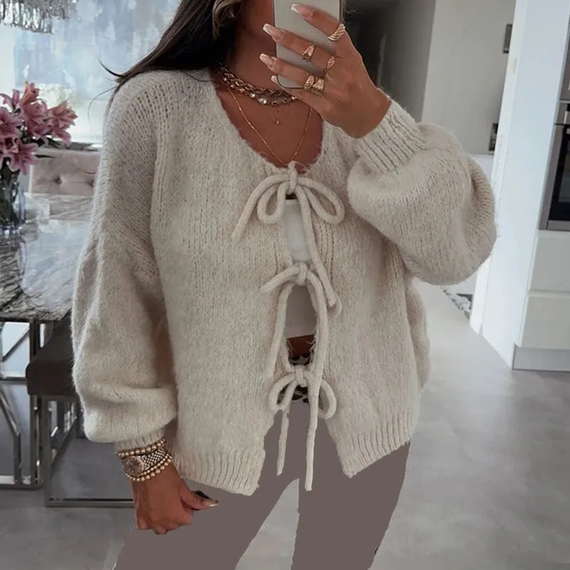 Flytonn-Elegant Ladies Fashion Knitted Sweater Y2K Jumper Vintage Bowknot Tie Front Cardigans Autumn V-Neck Long Sleeve Loose Knitwear