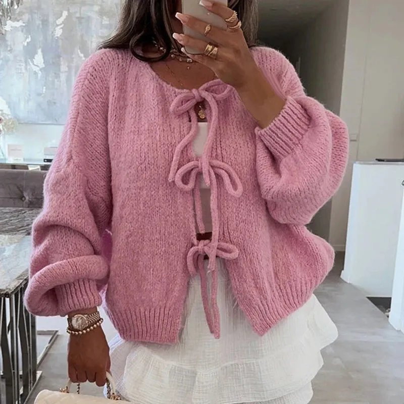 Flytonn-Elegant Ladies Fashion Knitted Sweater Y2K Jumper Vintage Bowknot Tie Front Cardigans Autumn V-Neck Long Sleeve Loose Knitwear