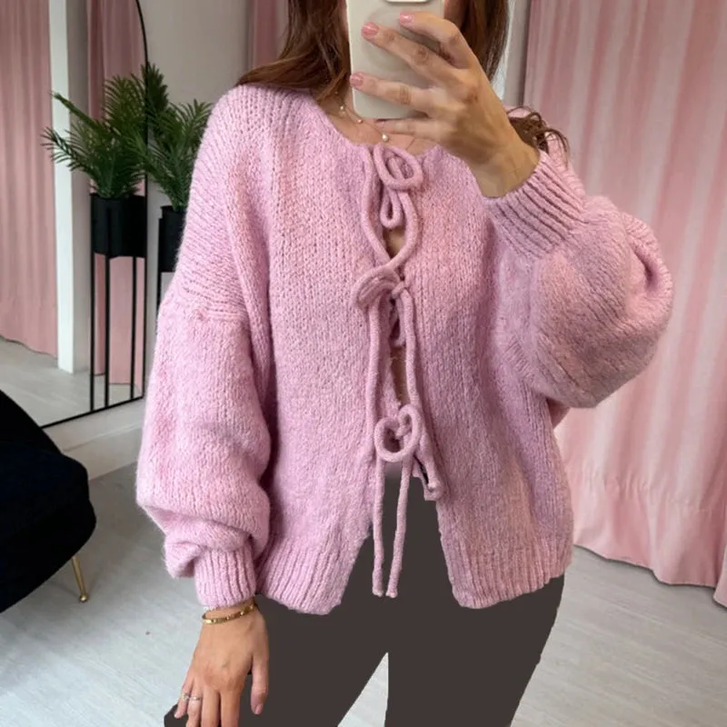 Flytonn-Elegant Ladies Fashion Knitted Sweater Y2K Jumper Vintage Bowknot Tie Front Cardigans Autumn V-Neck Long Sleeve Loose Knitwear