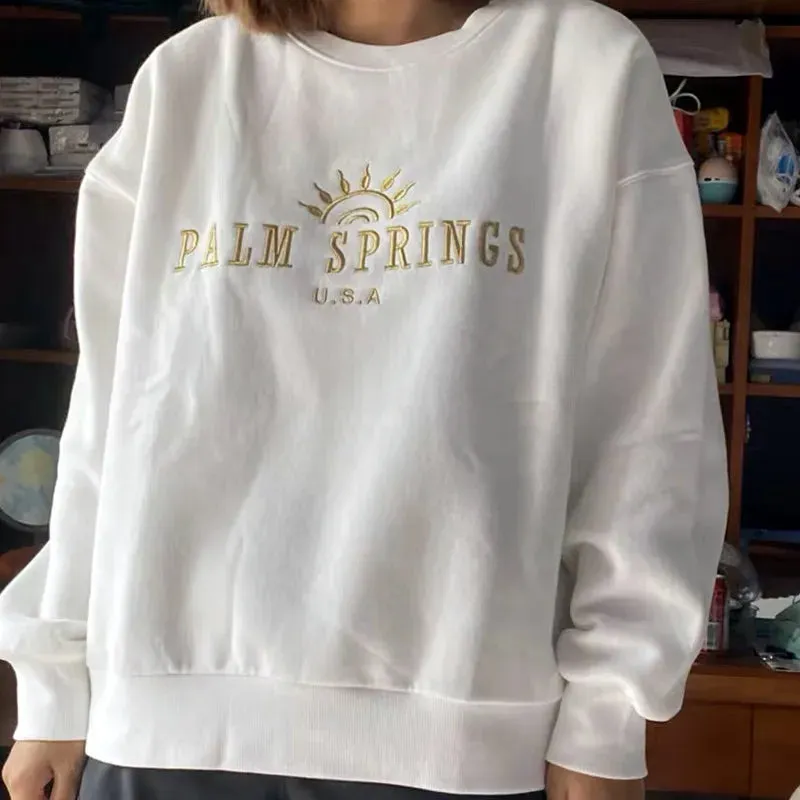 Flytonn-Retro sports style outfit streetwear 90s fashion Calelinka American Vintage Palm Springs Letters Embroidery Printed White Cotton Sweatshirts Round Neck Vintage Women Ins Jumpers