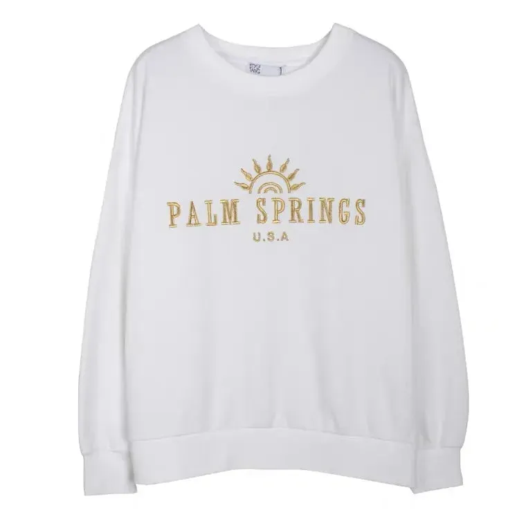 Flytonn-Retro sports style outfit streetwear 90s fashion Calelinka American Vintage Palm Springs Letters Embroidery Printed White Cotton Sweatshirts Round Neck Vintage Women Ins Jumpers