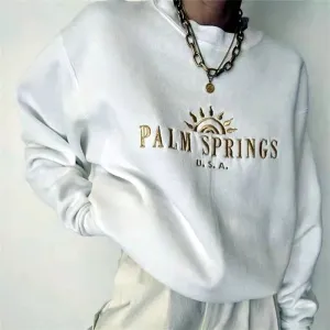 Flytonn-Retro sports style outfit streetwear 90s fashion Calelinka American Vintage Palm Springs Letters Embroidery Printed White Cotton Sweatshirts Round Neck Vintage Women Ins Jumpers