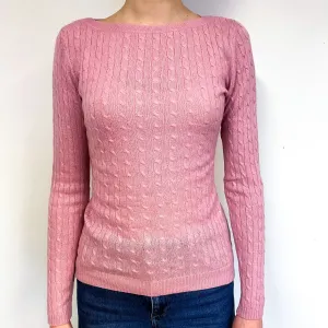 Fox Glove Pink Cable Cashmere Crew Neck Jumper Extra Small