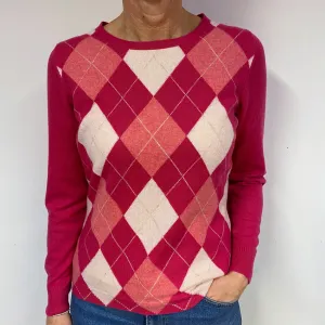 Fuchsia Pink Diamond Cashmere Crew Neck Jumper Medium