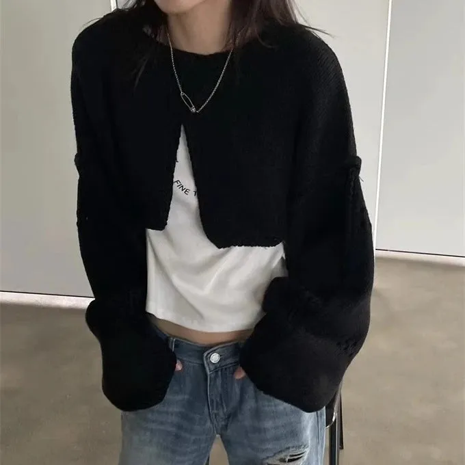 Girlary Autumn Solid Split Casual Crop Pullovers Women Hollow Out Harajuku Jumper Loose Knitted Y2k Aesthetic Grunge Streetwear Sweaters