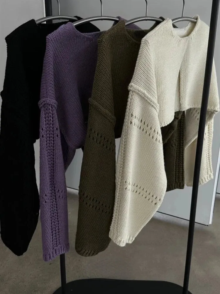 Girlary Autumn Solid Split Casual Crop Pullovers Women Hollow Out Harajuku Jumper Loose Knitted Y2k Aesthetic Grunge Streetwear Sweaters