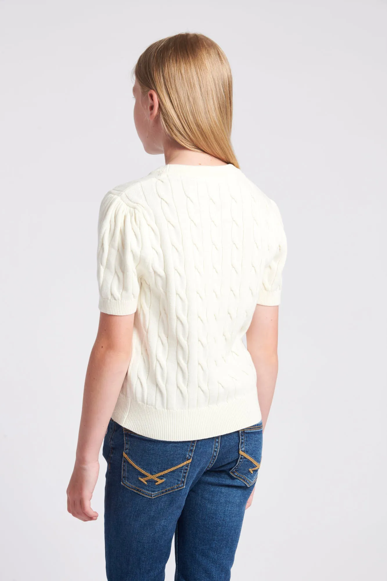 Girls Cable Knit Short Sleeve Jumper in Egret