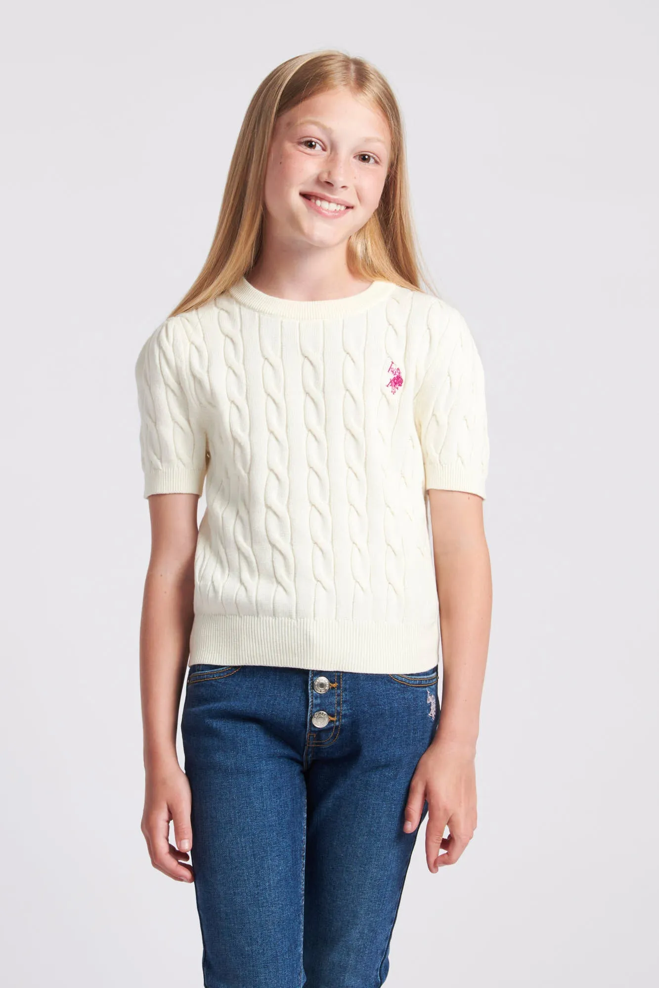 Girls Cable Knit Short Sleeve Jumper in Egret