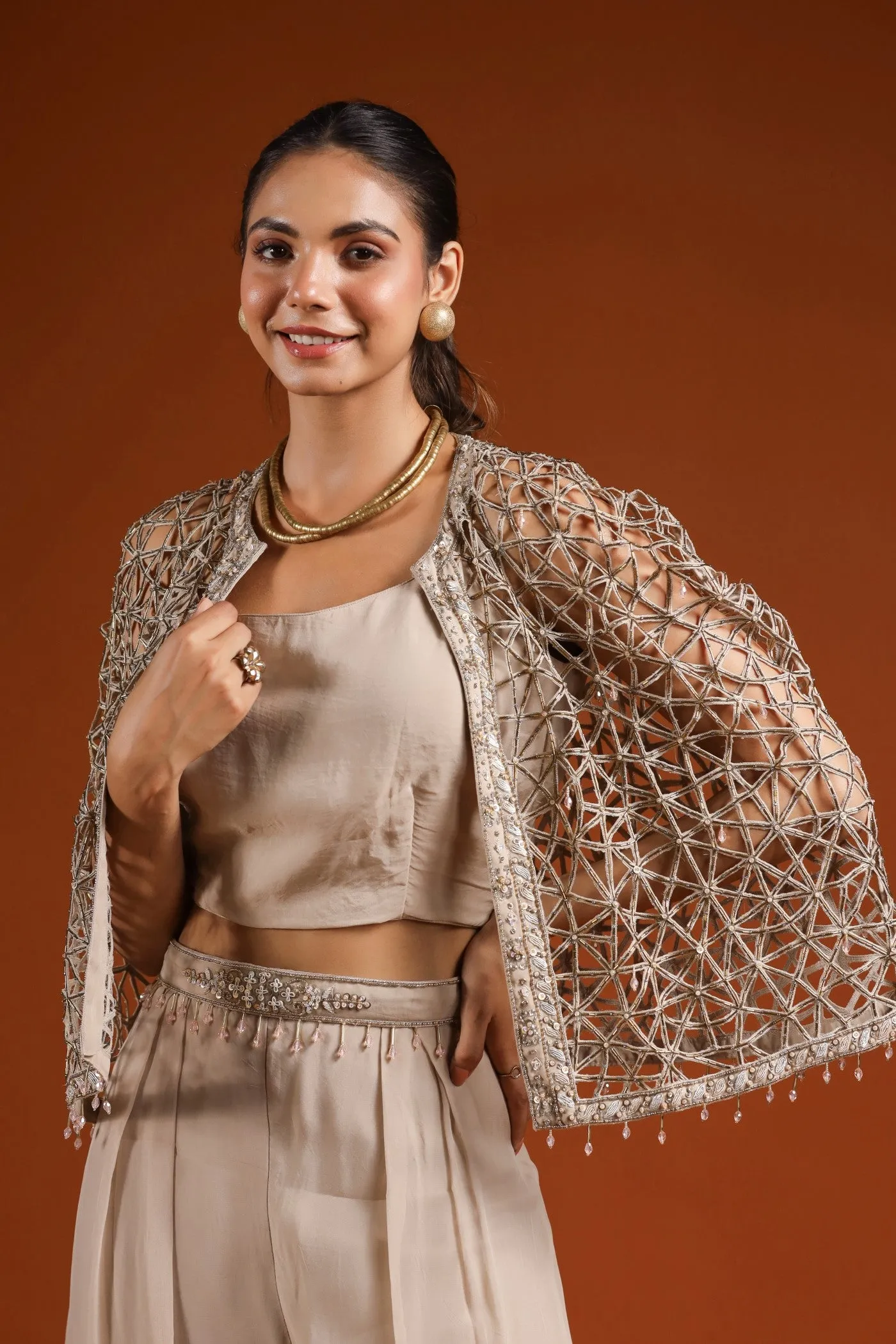 Golden Beige Embellished Cape Set