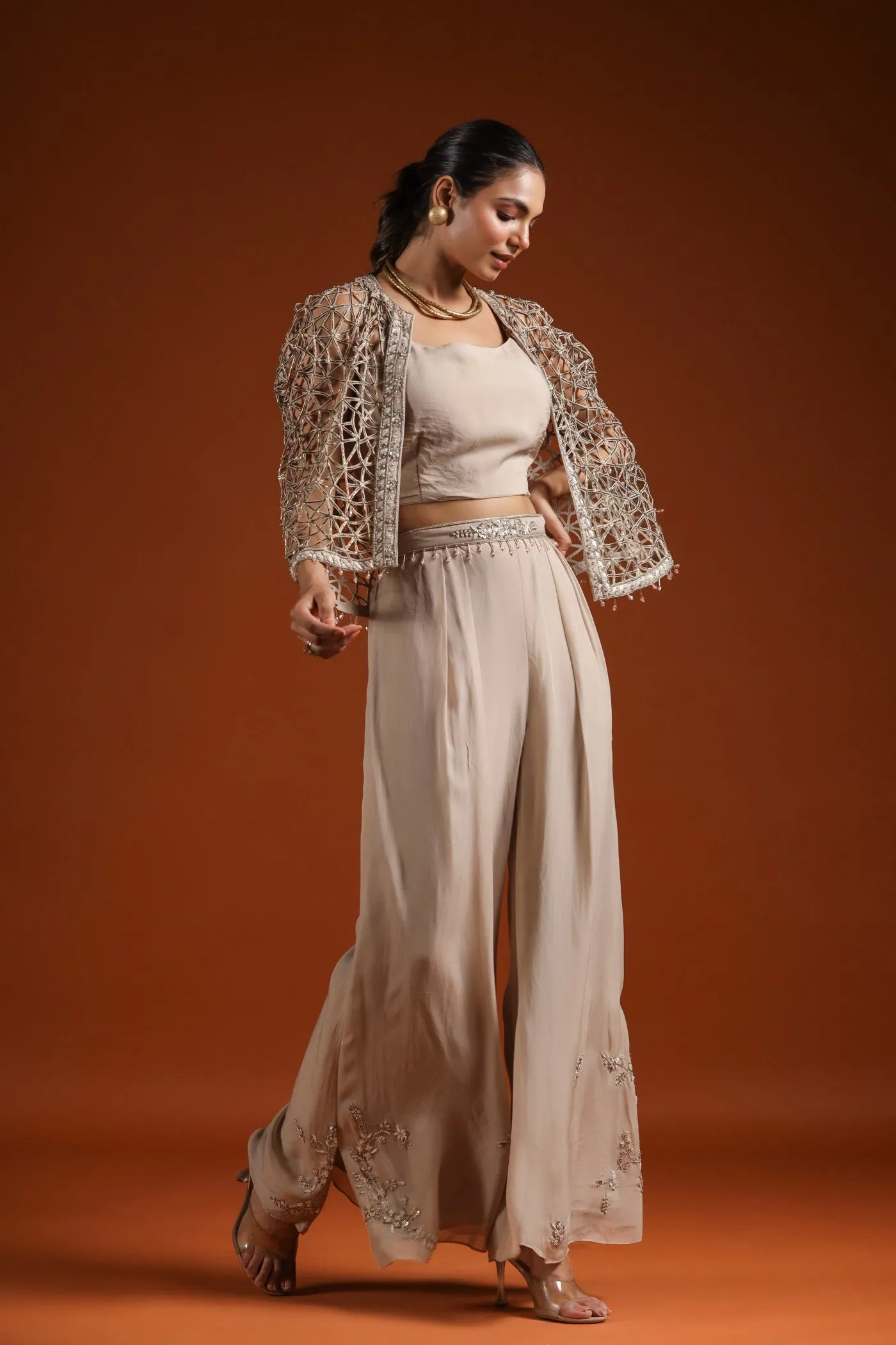 Golden Beige Embellished Cape Set