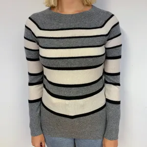 Grey and Cream StripeCashmere Crew Neck Jumper Small