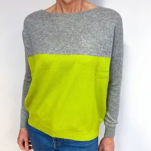 Grey And Lime Green Cashmere Crew Neck Jumper Medium