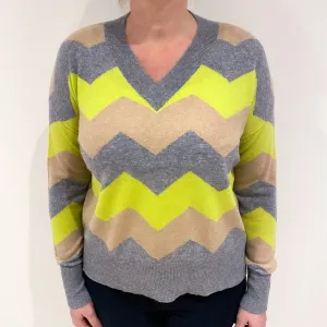 Grey, Caramel Brown and Neon Yellow Cashmere V Neck Jumper Large