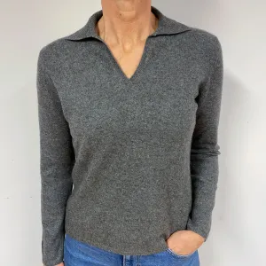 Grey Collared Cashmere V-Neck Jumper Medium/Petite