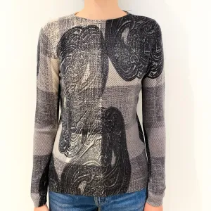 Grey Colour Block with Paisley Cashmere Crew Neck Jumper Extra Small