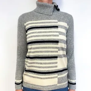 Grey Geometric Stripe Cashmere Polo Neck Jumper Medium