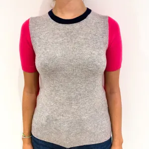 Grey Hot Pink Cashmere Crew Neck Jumper Small