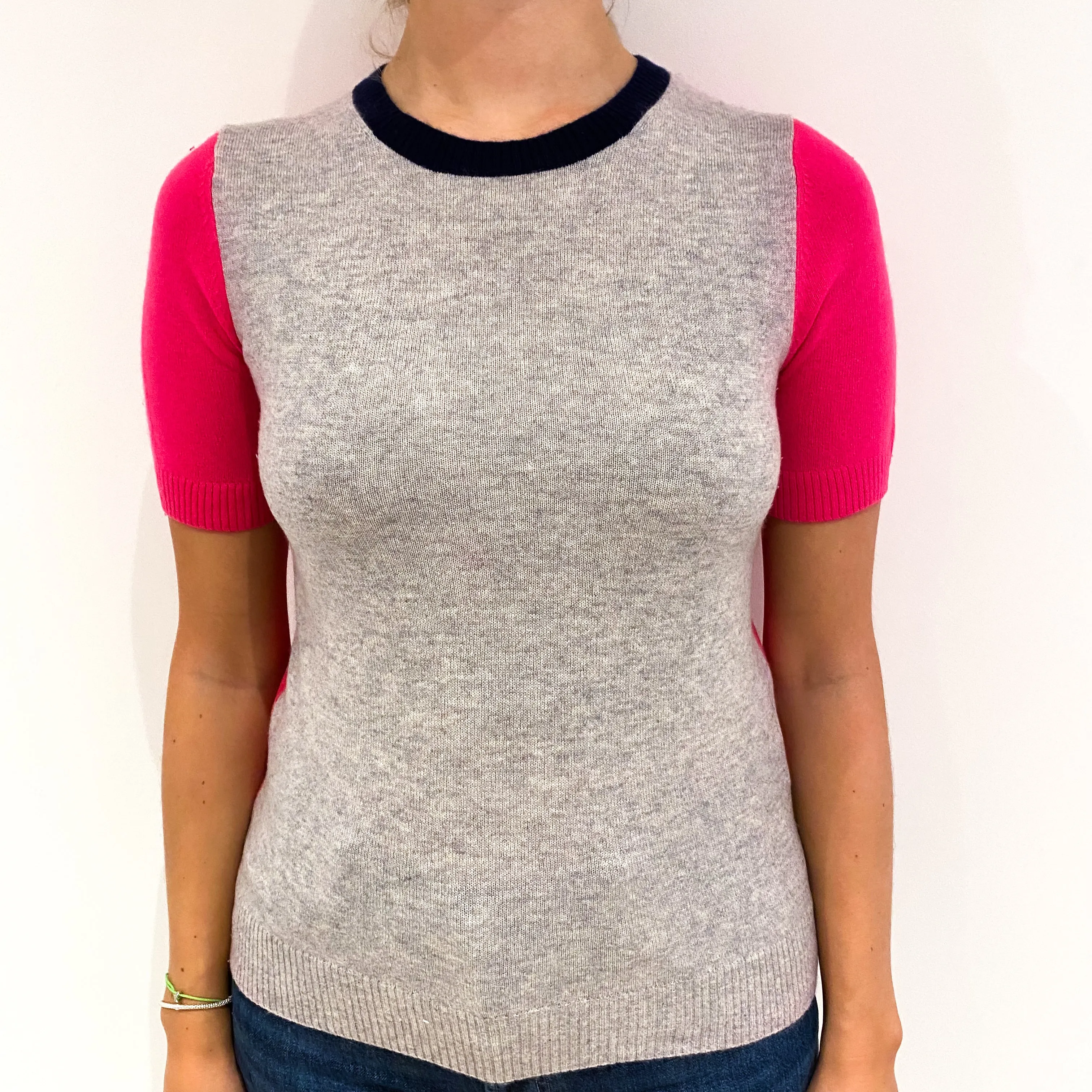 Grey Hot Pink Cashmere Crew Neck Jumper Small