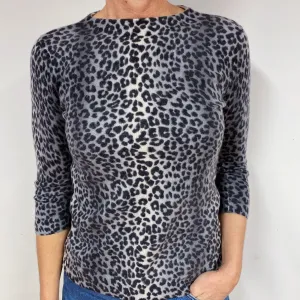 Grey Leopard Cashmere Crew Neck Jumper Medium