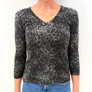 Grey Leopard Print Cashmere V-Neck Jumper Small