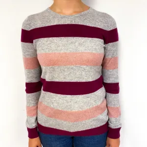 Grey Pink Stripe Cashmere Crew Neck Jumper Small