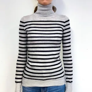 Grey Stripe Fine Knit Cashmere Polo Neck Jumper Extra Extra Small